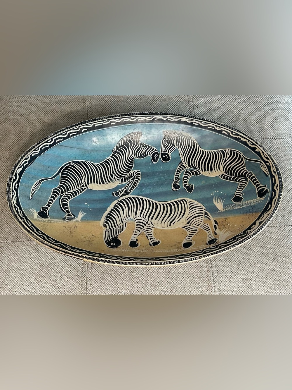 Vintage African Kenyan Hand Carved Soapstone 12” Oval Bowl Safari Painted Zebras